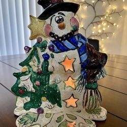 Vintage 1999 Blue Sky Christmas Collection Snowman tealight holder by Heather Goldminc- Retired