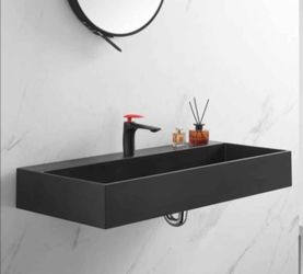 47 in. Wall-Mount Install or On
Countertop Bathroom Sink with
Double Faucet Hole in Matte Black