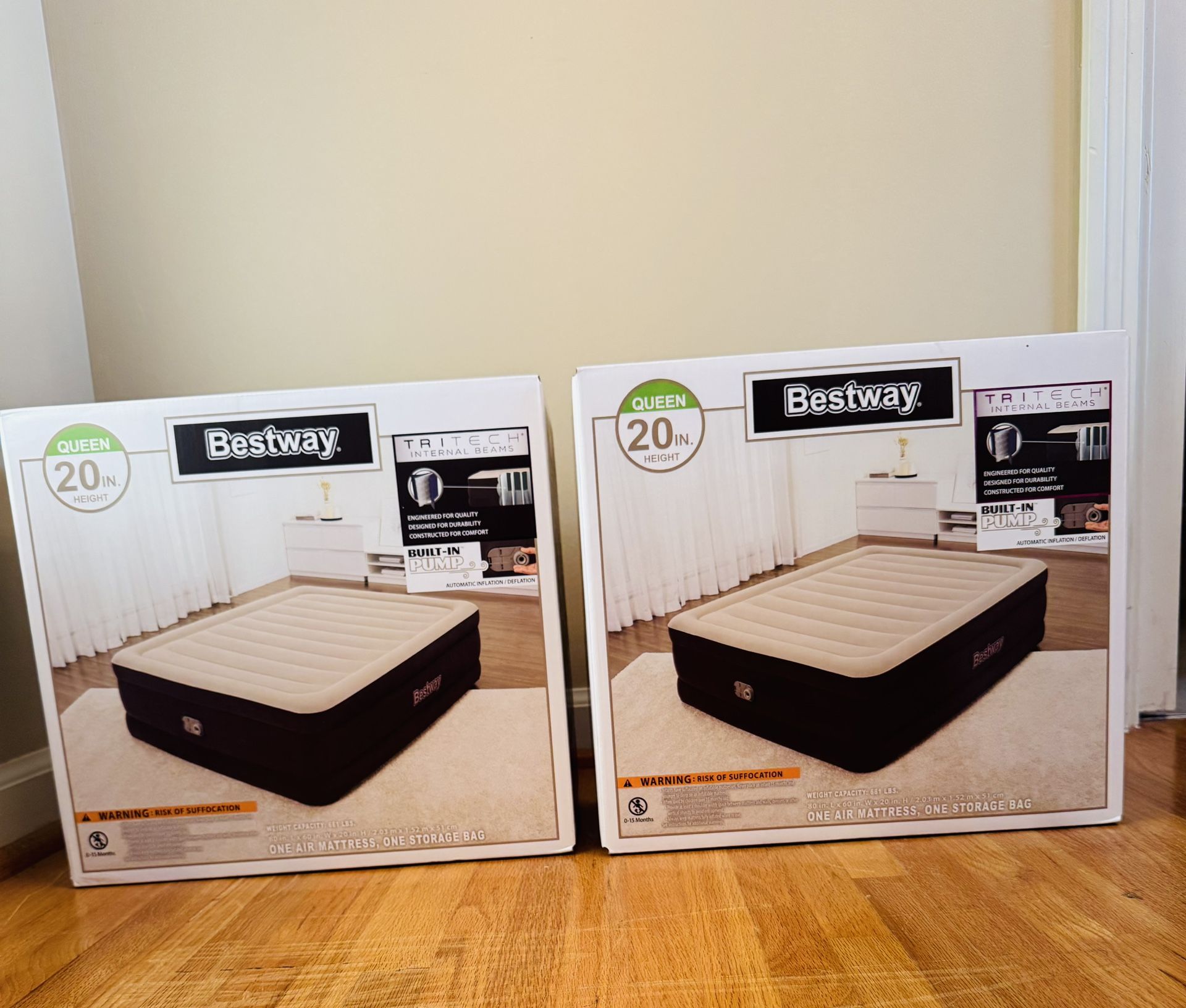 2 Sealed Bestway Air Mattresses Queen 20” With Built-In AC Pump And Antimicrobial Coating