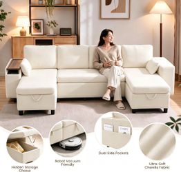 112.2'' Sectional Sofa with Storage Chaise, Pull-Out Sleeper & Tray๏ผBeige
