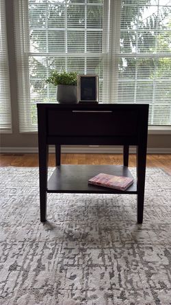 Dark Wood Nightstand with Drawer and Shelf
