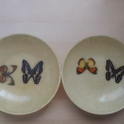 Vintage 1950's-1960's Kimball Accessories Set Of Two Pair 2 Fiberglass Bowls With Butterfly Inlay Motif Mid-Century Dishware Rare!  