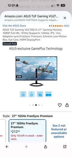 ASUS TUF Gaming 27" Monitor 165Hz IPS 1ms (VG279Q1A) - Like New w/ Box