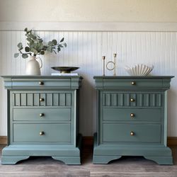 Moody Teal Dusty Green Set of Nightstands/End Tables with Wood Accents Bronze Hardware