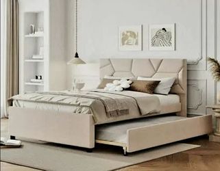 Full Beige Upholstered Platform Bed Frame with Trundle