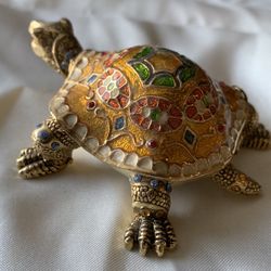 Gold Frog Figurine Enamel Bejeweled Hinged Jewelry Trinket Box