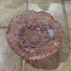 Vintage LE Smith Pink Carnival Glass Bowl Comet And Stars Pattern Sawtooth Rim