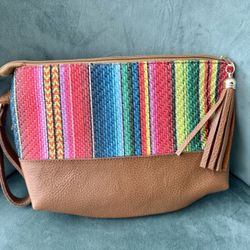 Vibrant handcrafted sarape print canvas and leather clutch with wristlet. NEW. 