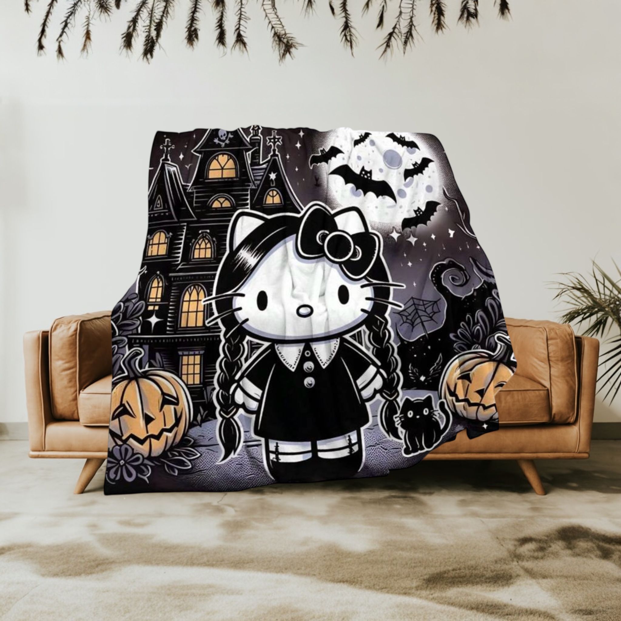 Halloween Hello Kitty Blanket – Cozy Spooky Throw, Kawaii Fall Decor, Cute Cat Lover Gift, Soft Plush Anime Blanket