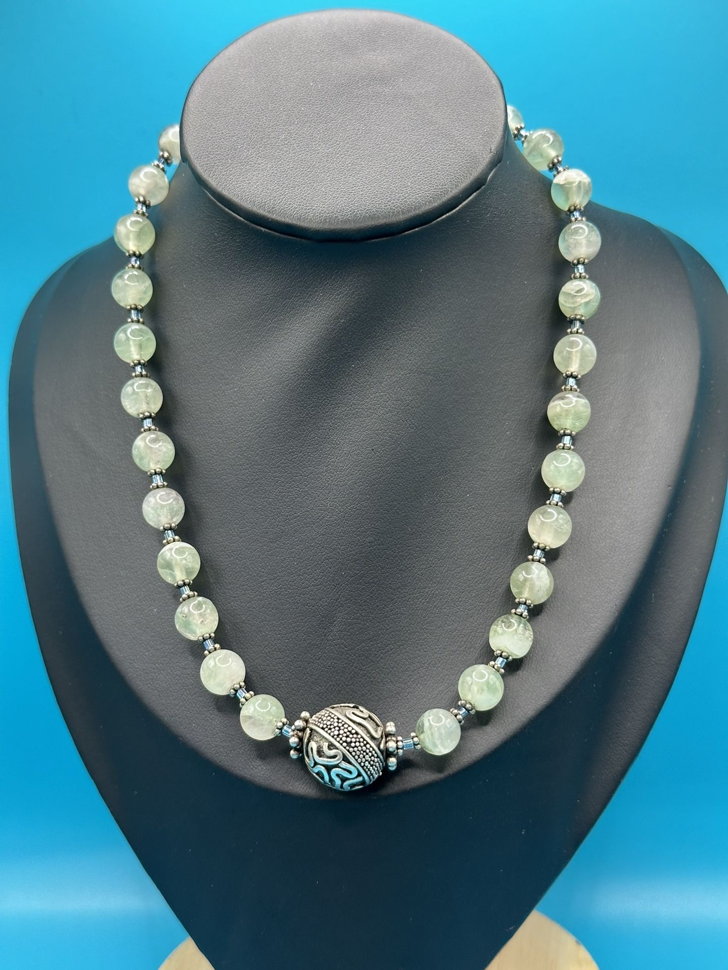 Vintage Jadeite Beaded Sterling Silver Necklace 16” Long Weighs 41.90 Grams S Closure Great Condition