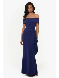 XSCAPE Womens Navy Blue Ruffled Rouched Off Shoulder Full-Length Evening Dress Cocktail Dress 8