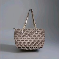Michael Kors Beige with Gold Chain Tote Handbag Canvas Jacquard