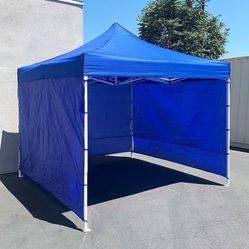 (New in box) $129 Heavy Duty 10x10ft Popup Canopy with 3 Sidewalls, White/Blue