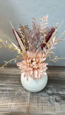 Faux Floral Arrangement in White Ribbed Ceramic Vase – Boho Decor