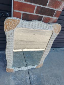 Pier One Jamaica Collection Beige,  White,  Ivory Wicker Rattan Beveled Glass Mirror  Cottage.