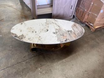 49.2" Oval Modern Faux Marble Coffee Table with Sintered Stone Tabletop, Large Unique Tea Table with Stainless Steel Base for Office, Bedroom, Gold+W