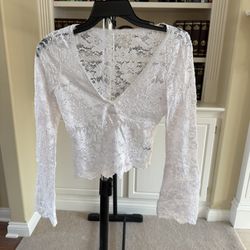 SHEIN Ruffle Trim Bell Sleeve Tie Front Lace Crop Top