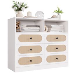 6 Drawer Rattan Dresser with Shelves, Modern Wicker Chest Storage Cabinet for Bedroom Living Room, White