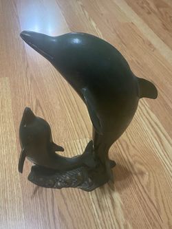 Heavy Decorative Dolphin Sculpture Featuring Mother Dolphin and Baby on A Wave Base