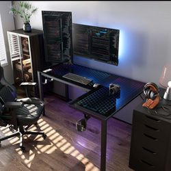 EUREKA RGB LED 60 Inch L-Shaped Black Glass Gaming Desk Computer

