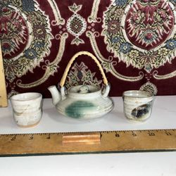 Vintage Japanese MCM Glazed Ceramic Teapot W/ 2 Cups