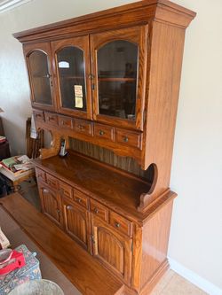 Wood Dining Table, Chairs, and China Hutch Set