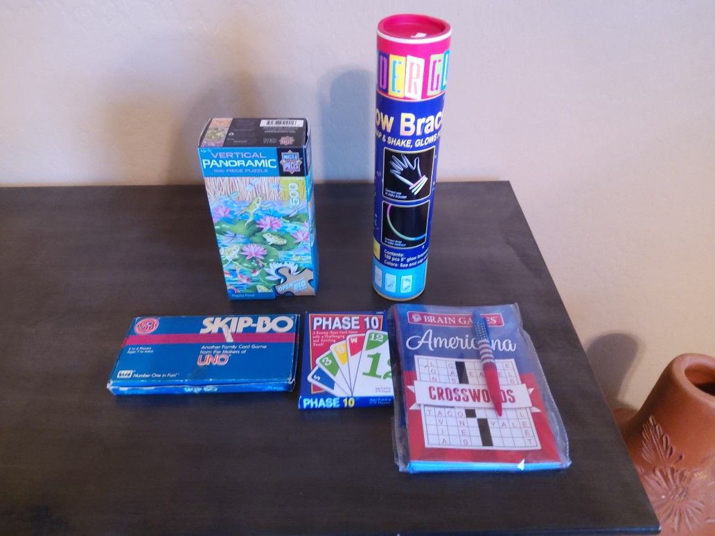 Picture Puzzle,Glow Bracelets,Skip Bo,Phase 10 & Crossword Puzzle Book