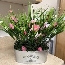 Pretty Handmade Artificial Flower Arrangement in Galvanized Pot.   Please Check Out My Other Items For Sale.