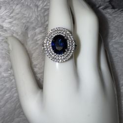 Vintage Art Deco Lab Blue Sapphire Engagement Ring, 3.5ct Oval Cut Signed Ring, size 9 