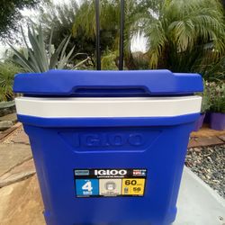 Igloo Latitude 60qt Rolling Cooler; Blue Wheels Retractable Handle , One- Hand Opening