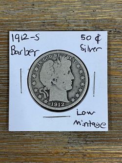 1912-S Barber Half Dollar Silver Coin Low Mintage
