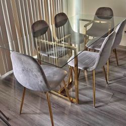 Gray Gold Modern Velvet Glass Dining Set 