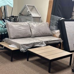 Outdoor Modular Sofa Set, Aluminum Frame Conversation Set with Cushion and Built-in Wood Grain Side End Table, Modern 4 Piece Furniture Set