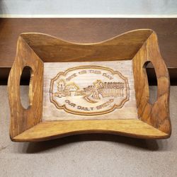 Vintage Rustic Wooden " Give Us This Day Our Daily Bread "  Tray With Handles 