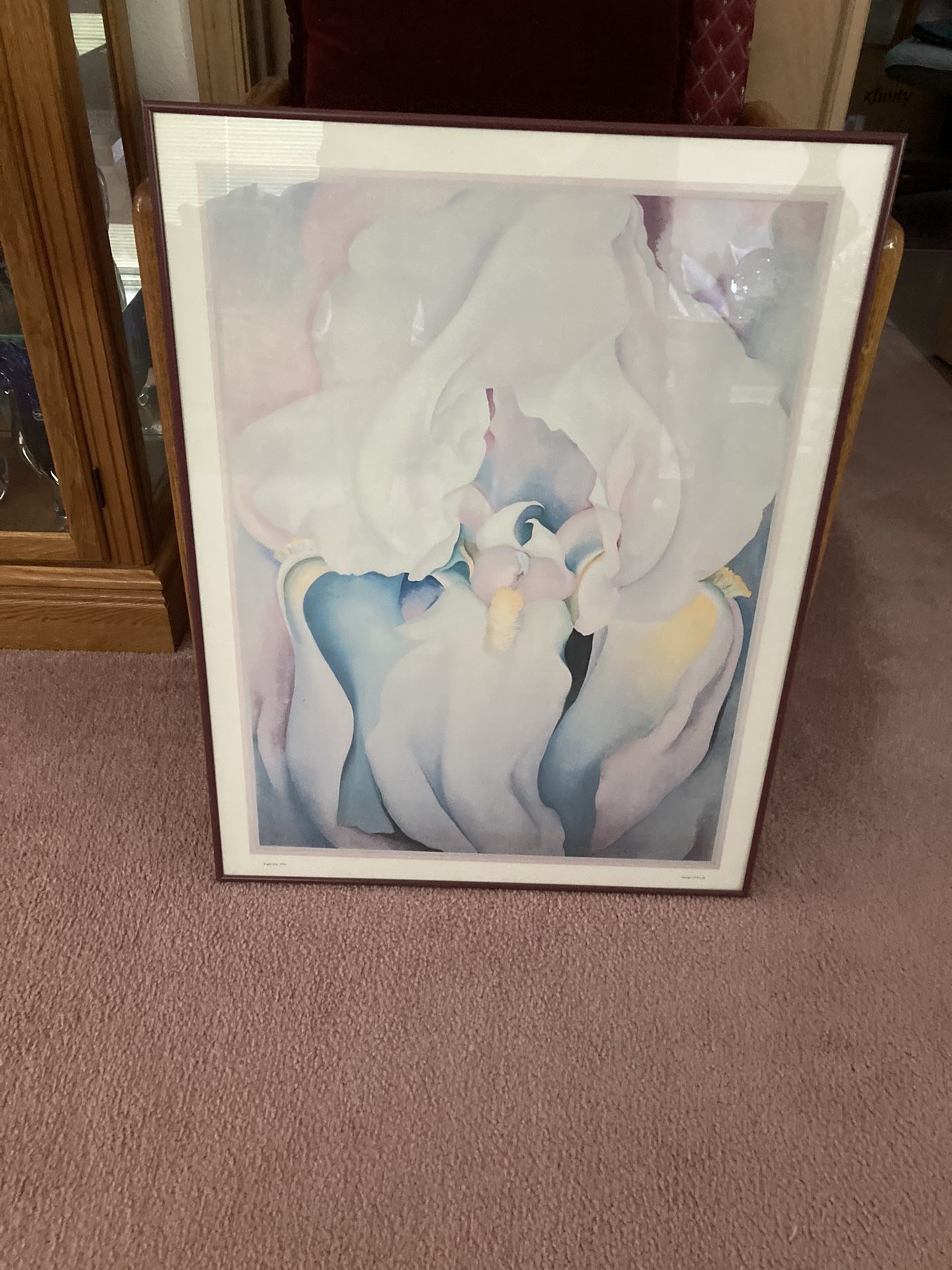 Beautiful Georgia Okeffe Matted Flower Picture In Burgundy Metal Frame 27-1/4” Tall By 21” Wide