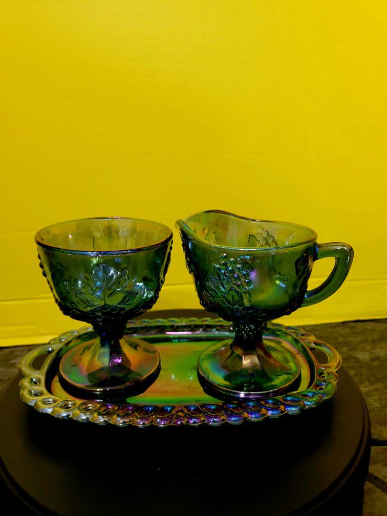 Indiana Harvest Grape Blue Carnival Glass Set Sugar Bowl  Creamer and Tray 