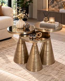 ZANOR Set of 3 Antique Gold Side Tables with Bronze Mirror Tops, Brushed Gold Metal Pedestal Tables