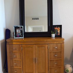 Large Wooden Storage Cabinet Plus Large Mirror