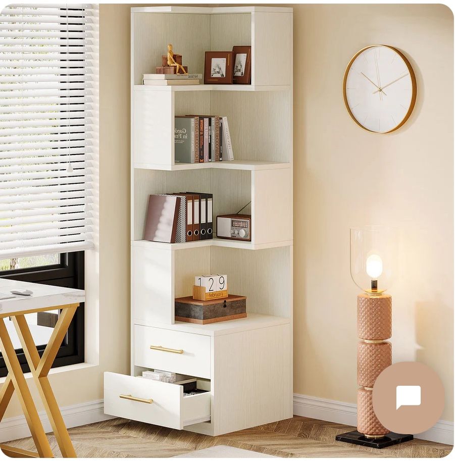 New - Stylish white corner bookshelf with multiple shelves and two drawers.