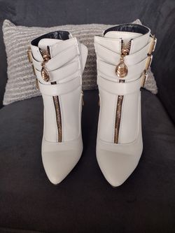 Women's White Heeled Ankle Boots with Gold Zippers