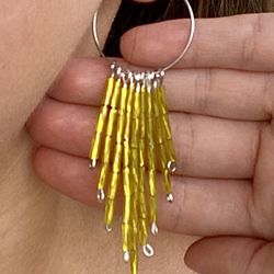 Beaded Earrings Yellow Silver Hoops