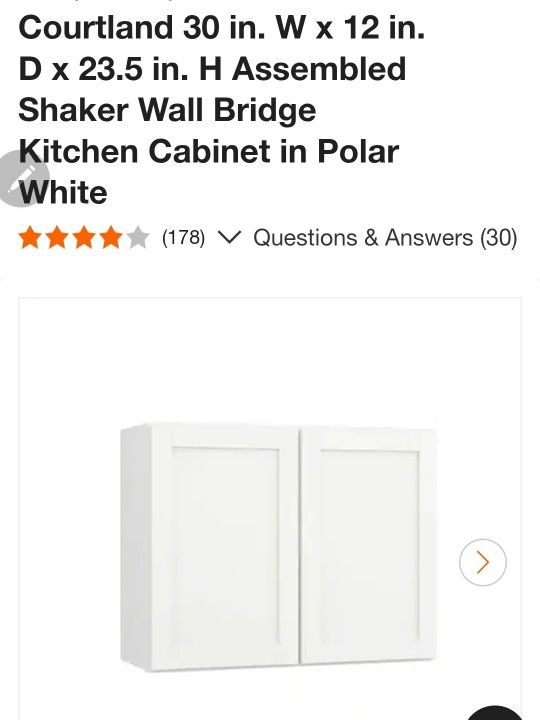 Courtland 30 in. W x 12 in. D x 23.5 in. H Assembled Shaker Wall Bridge Kitchen Cabinet in Polar White