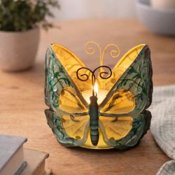 Vintage 2000s Hand-Painted Metal Butterfly Candle Tealight Holder, 4x3.5x4.5”
