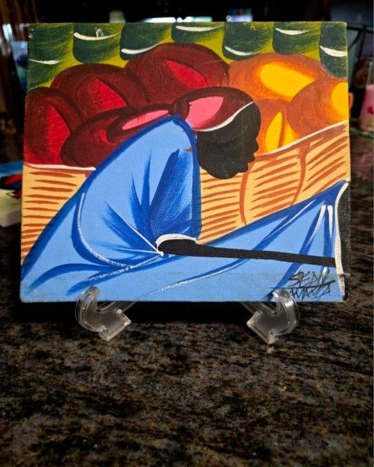 Vintage Haitian oil painting by Jean Marc Cayo Dieunet, depicting a market scene.9.5"×8" SEE MY OTHER LISTINGS 