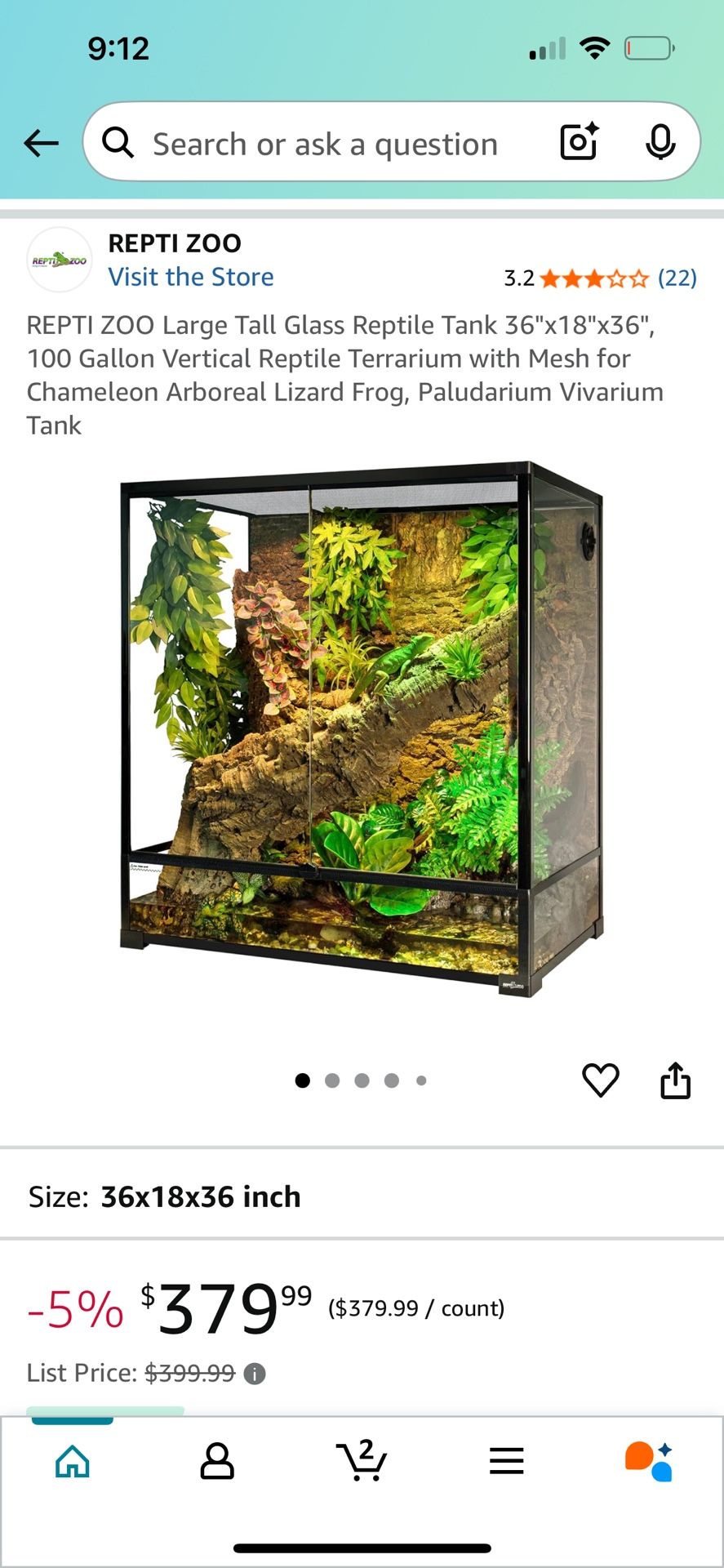 36” X 36” X 18” 100 Gallon Repti Zoo Glass Enclosure