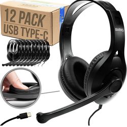 12-Pack USB-C Classroom Headphones w/Mic On-Ear Students Tablets Laptops