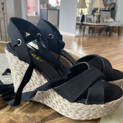 Lulus Esme Black Lace Up Wedge Sandals 