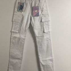 Junior’s cargo jean pant distressed 7 pockets super stretchy white.size 1