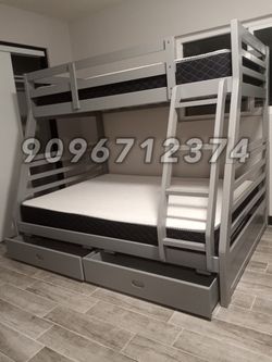 Twin/Full Gray Bunk bed w. Drawers & Ortho Mattresses Included