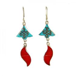 Ear ring Sterling Silver Turqoise & Coral with Tibetan endless Knot.